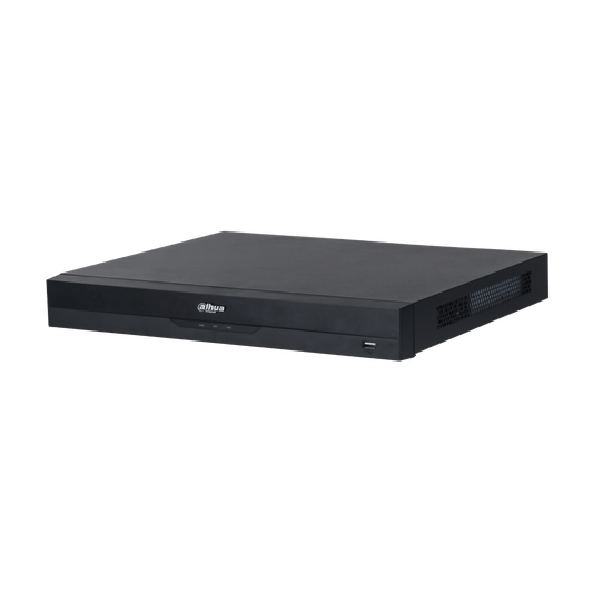 Zwarte Dahua NVR5216-16P-EI2 netwerk videorecorder met strak design, statuslampjes en USB-poort aan de voorzijde.