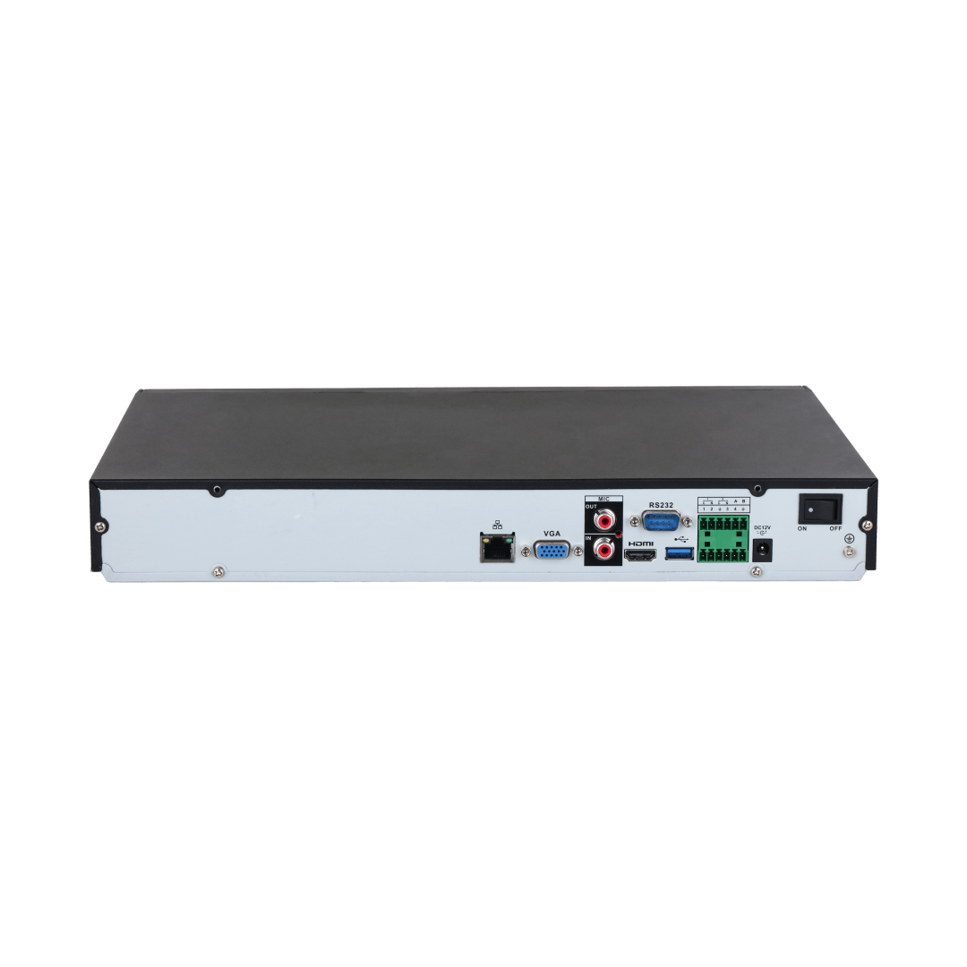Achterkant van zwarte Dahua NVR5216-EI2 recorder met HDMI, VGA, audio, USB en netwerkaansluitingen.