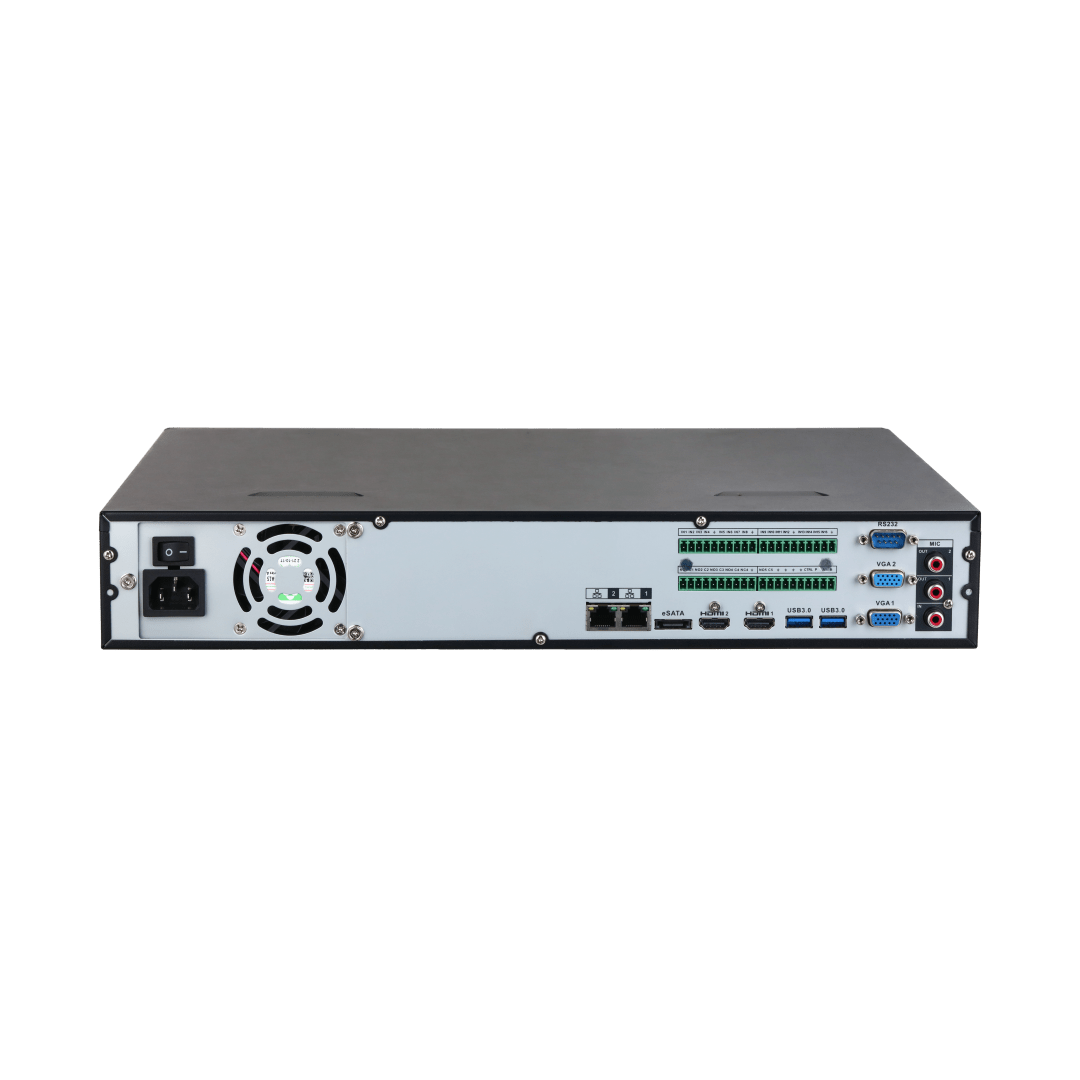 Achterzijde van de zwarte Dahua NVR5416-EI2 recorder met diverse poorten, ventilatie en aansluitingen.