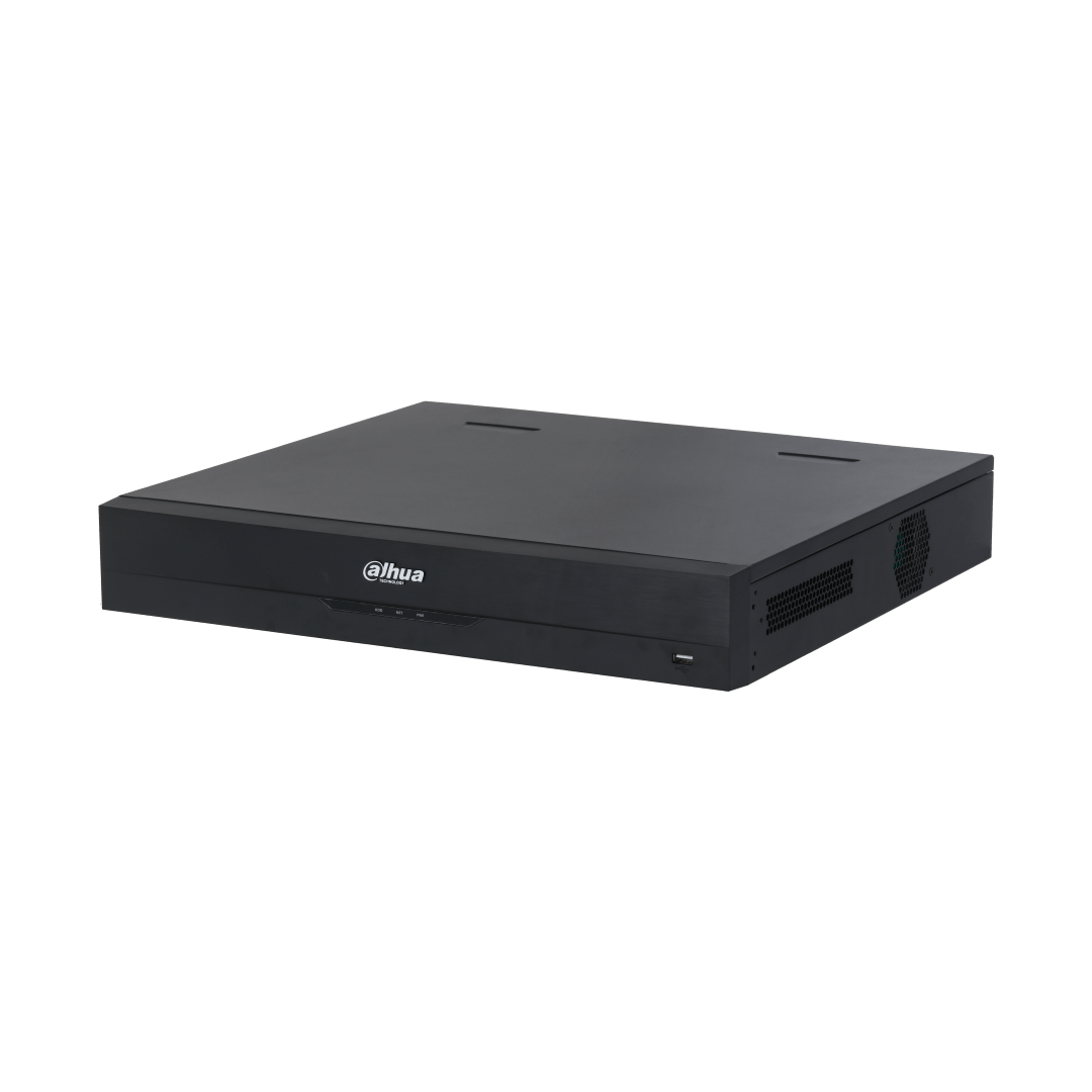 Zwarte Dahua NVR5416-EI2 32-kanaals netwerk videorecorder met strak metalen design en USB-poort aan de voorzijde.