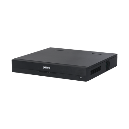 Zwarte Dahua NVR5416-EI2 32-kanaals netwerk videorecorder met strak metalen design en USB-poort aan de voorzijde.