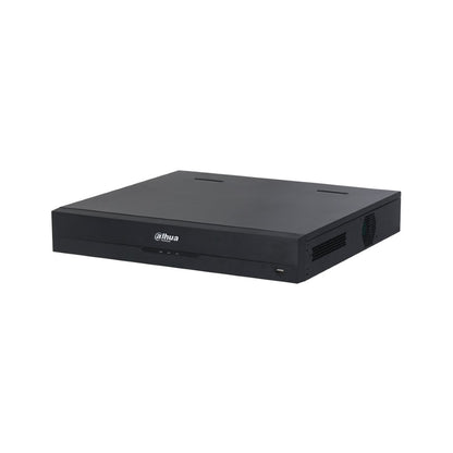 Zwarte Dahua NVR5424-24P-EI2 netwerk videorecorder met 24 PoE poorten en strak metalen design.