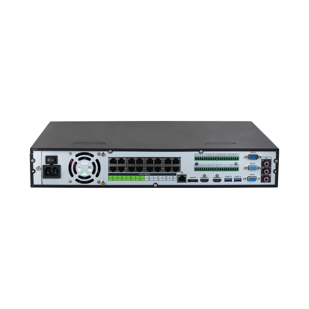 Achterzijde van zwarte Dahua NVR5432-16HP-EI2 netwerkrecorder met 16 PoE-poorten, HDMI, VGA en diverse aansluitingen.