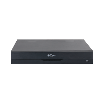 Zwarte Dahua NVR5432-16HP-EI2 netwerk videorecorder met strak metalen design en USB-poort aan de voorzijde.