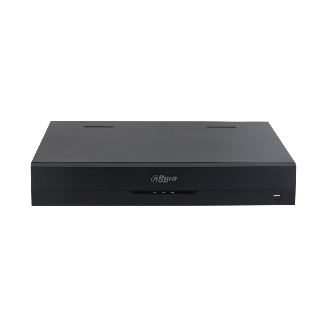 Zwarte Dahua NVR5432-EI2 32-kanaals netwerk videorecorder met strak metalen design en USB-poort aan de voorzijde.