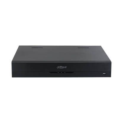 Zwarte Dahua NVR5432-EI2 32-kanaals netwerk videorecorder met strak metalen design en USB-poort aan de voorzijde.