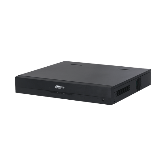 Zwarte Dahua NVR5432-EI2 32-kanaals netwerk videorecorder met strak metalen design en USB-poort aan de voorzijde.