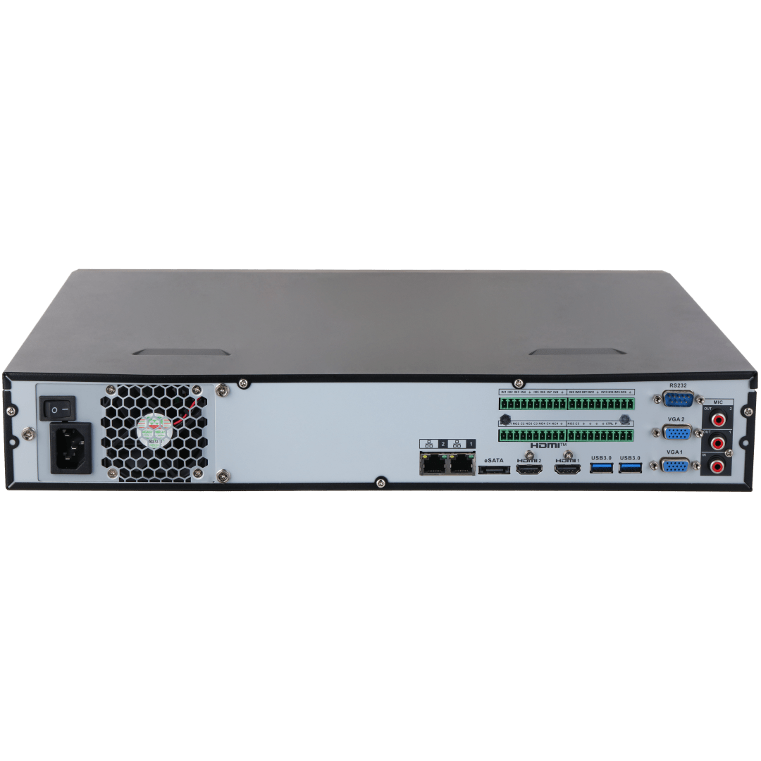 Zwarte Dahua NVR5432-XI/Pro achterkant met 2x HDMI, 2x VGA, USB 3.0, netwerkpoorten en alarm-aansluitingen.