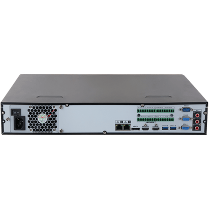 Zwarte Dahua NVR5432-XI/Pro achterkant met 2x HDMI, 2x VGA, USB 3.0, netwerkpoorten en alarm-aansluitingen.