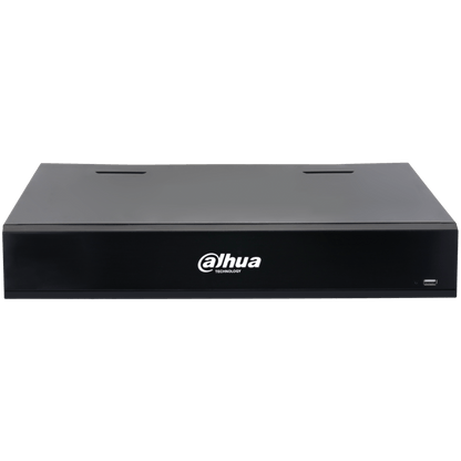 Zwarte Dahua NVR5432-XI/Pro 32-kanaals netwerk videorecorder met strak metalen design en USB-poort aan de voorzijde.