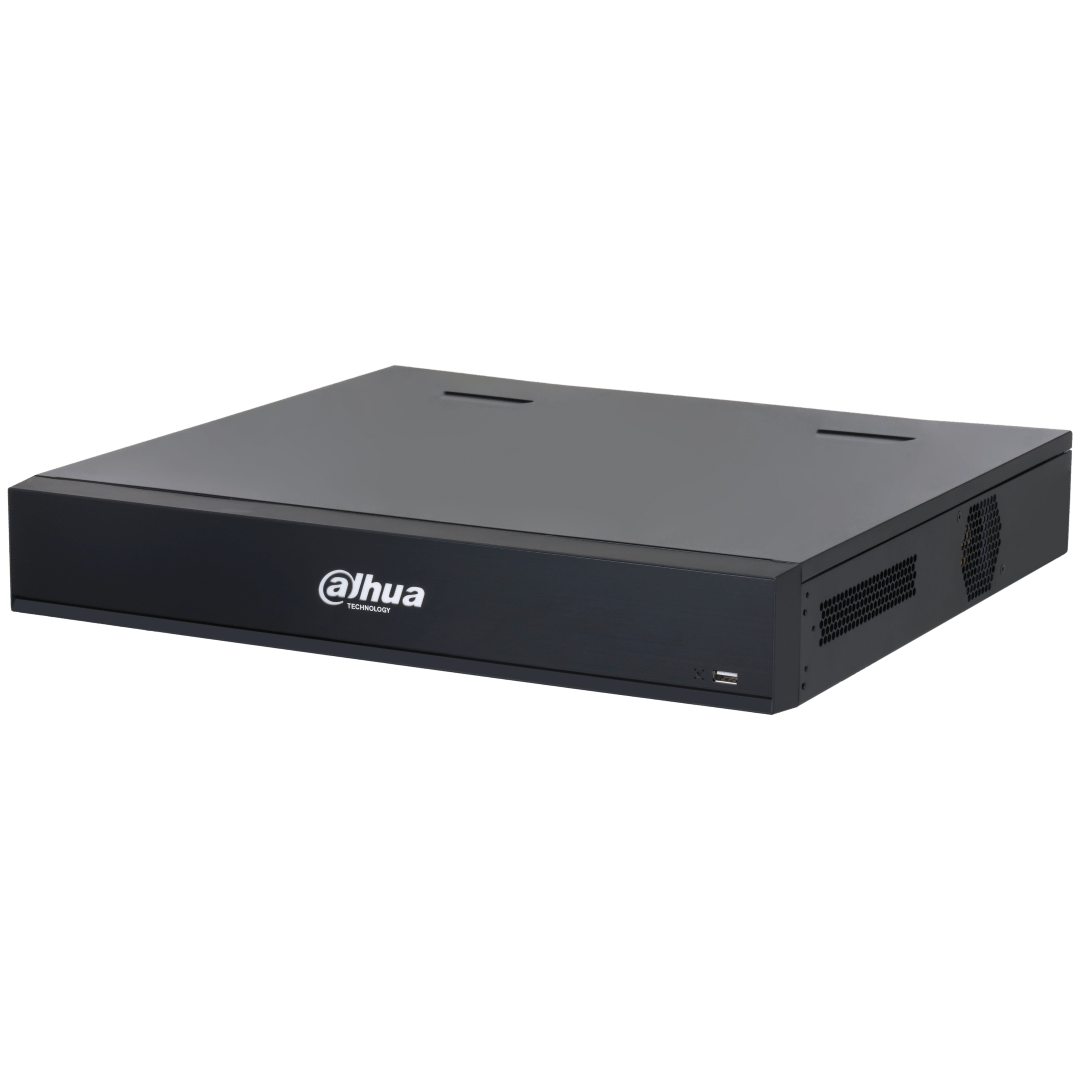 Zwarte Dahua NVR5432-XI/Pro 32-kanaals netwerk videorecorder met strak metalen design en voorzijde USB-poort.