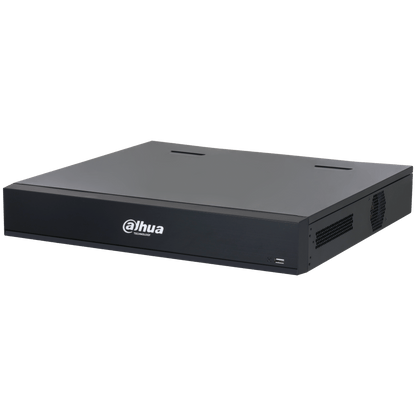 Zwarte Dahua NVR5432-XI/Pro 32-kanaals netwerk videorecorder met strak metalen design en voorzijde USB-poort.