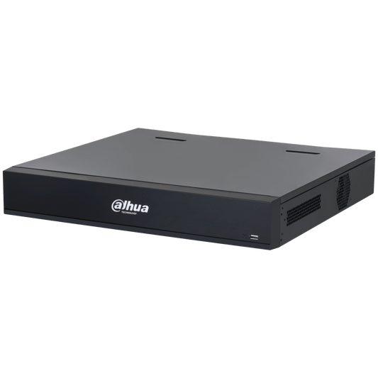 Zwarte Dahua NVR5432-XI/Pro 32-kanaals netwerk videorecorder met strak metalen design en voorzijde USB-poort.