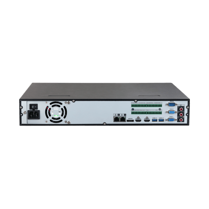 Zwarte Dahua NVR5464-EI2 netwerk videorecorder achterpaneel met HDMI, VGA, USB-poorten en koelventilator.