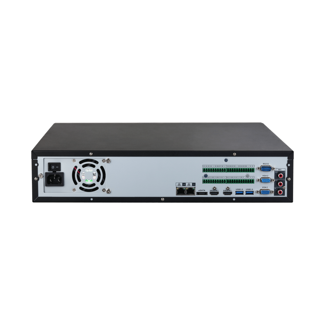 Zwarte Dahua NVR5832-EI2 netwerk videorecorder achterpaneel met HDMI, VGA, USB-poorten en koelventilator.