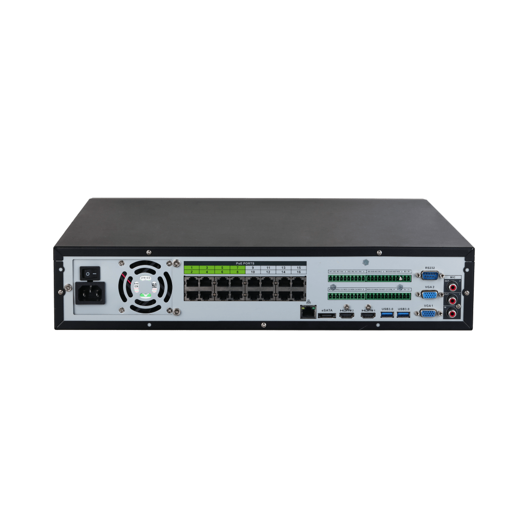 Zwarte Dahua NVR5864-16P-EI2 achterkant met 16 PoE-poorten, HDMI, VGA, USB-poorten en koelventilator.