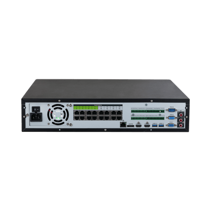 Zwarte Dahua NVR5864-16P-EI2 achterkant met 16 PoE-poorten, HDMI, VGA, USB-poorten en koelventilator.