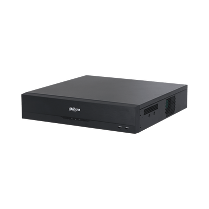 Zwarte Dahua NVR5864-16P-EI2 64-kanaals netwerk videorecorder met strak metalen design en USB-poorten aan de voorzijde.