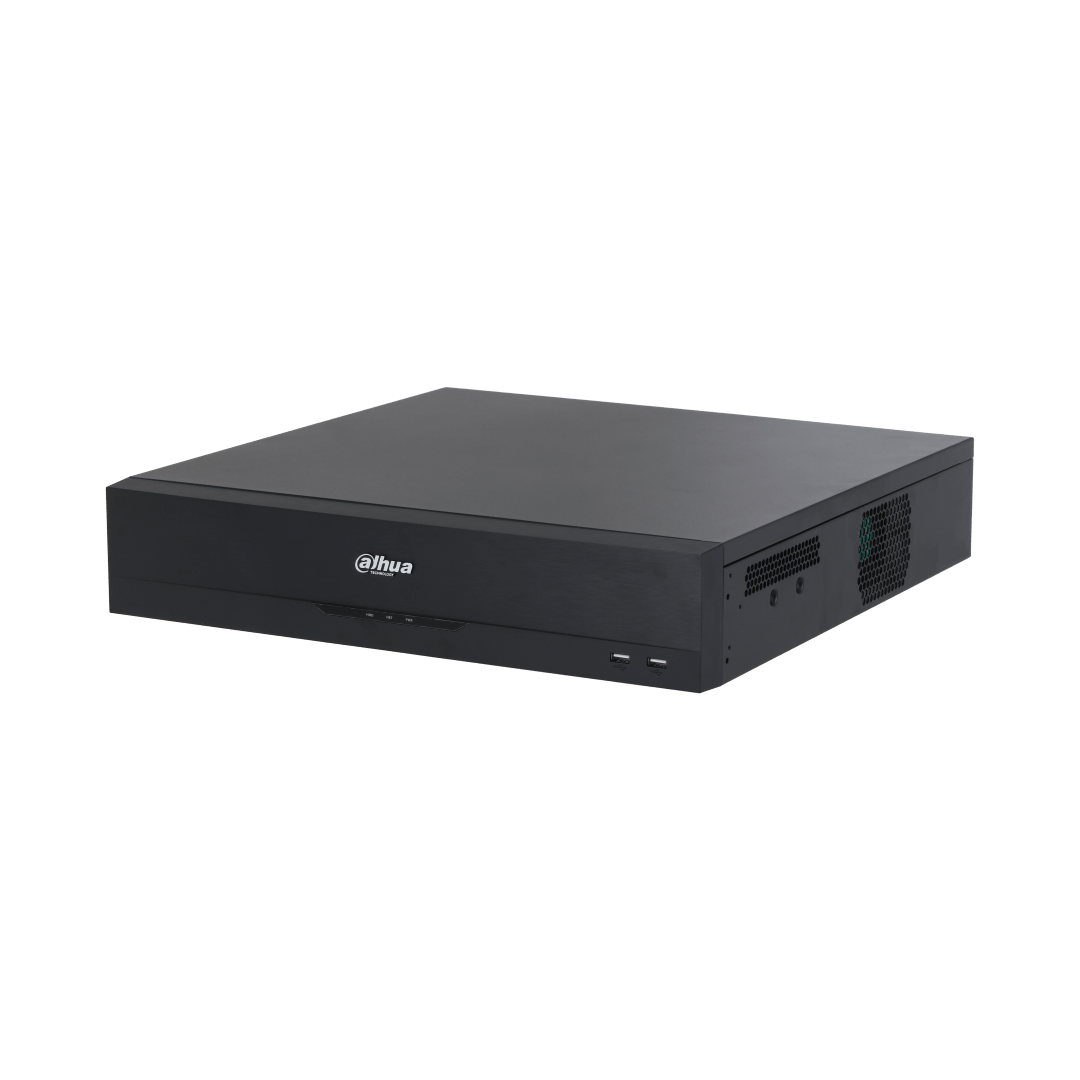 Zwarte Dahua NVR5864-EI2 64-kanaals netwerk videorecorder met strak metalen design en USB-poorten aan de voorzijde.
