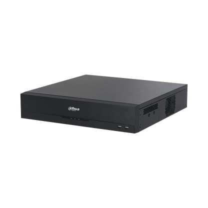 Zwarte Dahua NVR5864-EI2 64-kanaals netwerk videorecorder met strak metalen design en USB-poorten aan de voorzijde.