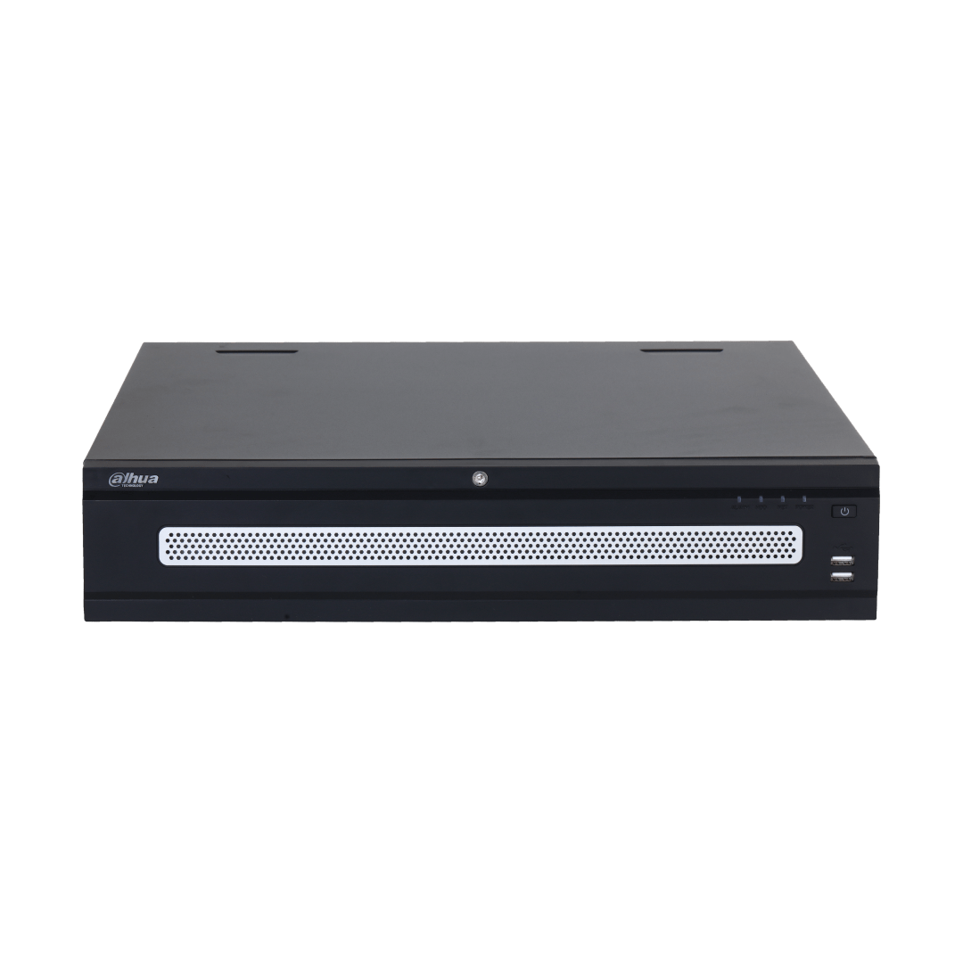 Zwarte Dahua NVR608H-64-XI 64-kanaals enterprise netwerk videorecorder met geperforeerd frontpaneel en USB-poorten.