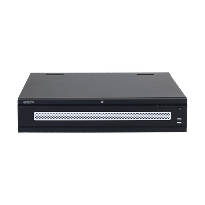 Zwarte Dahua NVR608H-64-XI 64-kanaals enterprise netwerk videorecorder met geperforeerd frontpaneel en USB-poorten.