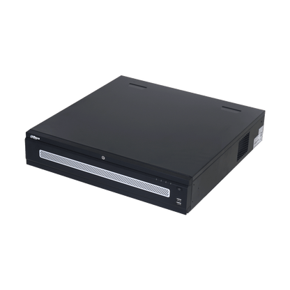 Zwarte Dahua WizMind NVR608H-32-XI enterprise netwerk videorecorder met metalen behuizing en geventileerd frontpaneel.