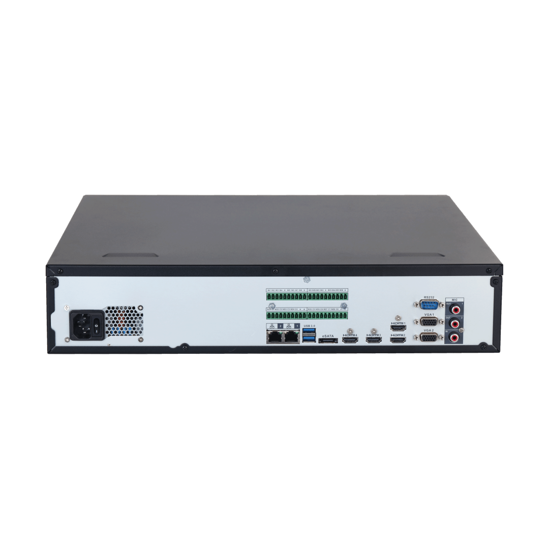 Zwarte Dahua NVR608H-64-XI enterprise NVR achterkant met HDMI, VGA, USB en netwerkpoorten voor professionele videobewaking.
