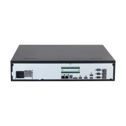 Zwarte Dahua NVR608H-64-XI enterprise NVR achterkant met HDMI, VGA, USB en netwerkpoorten voor professionele videobewaking.