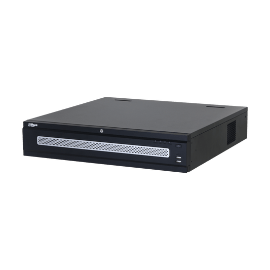 Zwarte Dahua NVR608H-32-XI enterprise netwerk videorecorder met geperforeerd frontpaneel en USB-poorten.