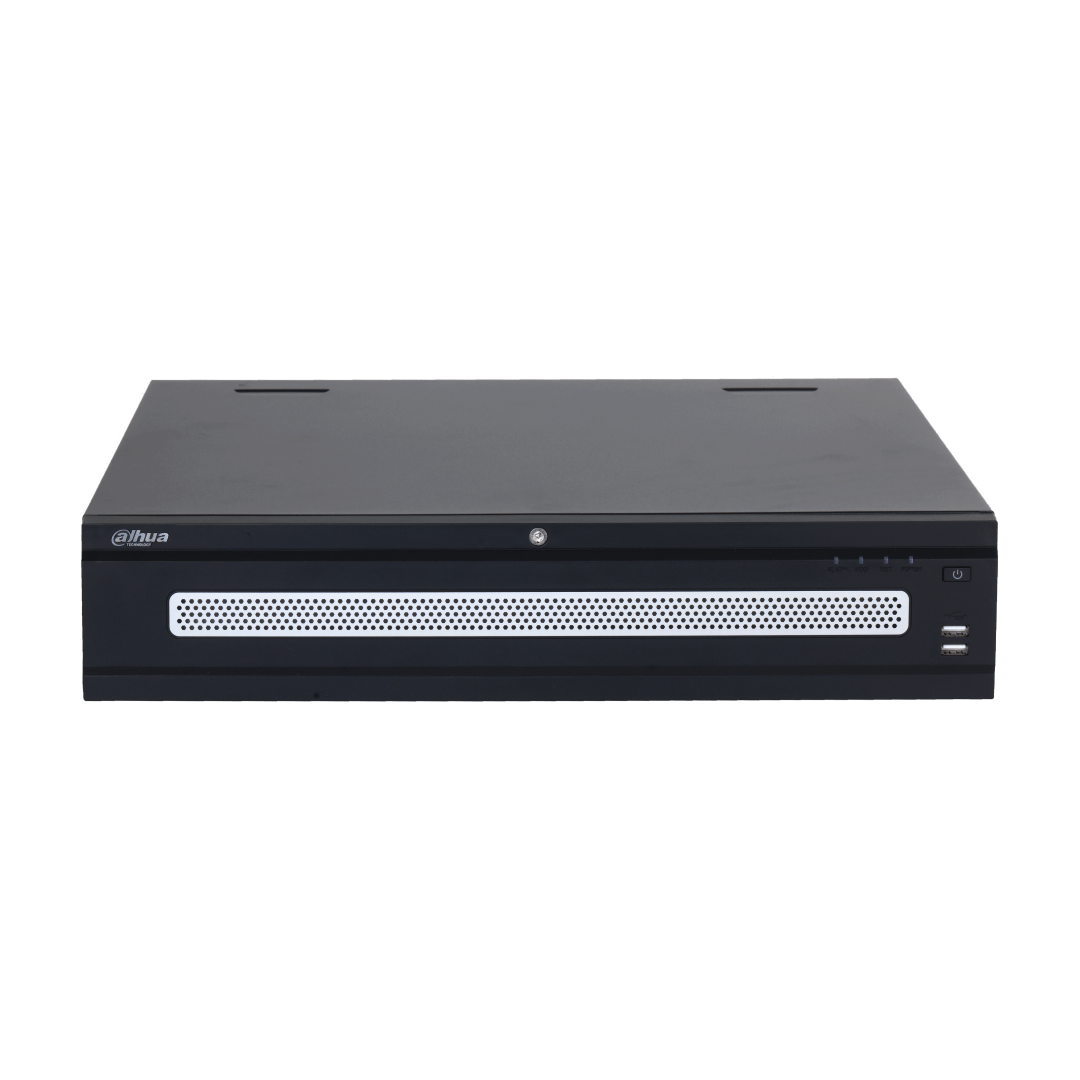 Zwarte Dahua 128-kanaals enterprise NVR met geventileerd voorpaneel, statuslampjes en USB-poorten.
