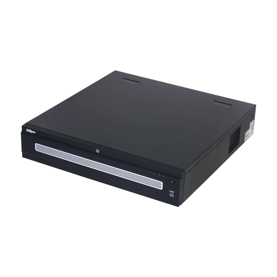 Zwarte Dahua WizMind 128-kanaals enterprise NVR met metalen behuizing, geperforeerd frontpaneel en USB-poorten.