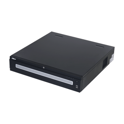 Zwarte Dahua WizMind 128-kanaals enterprise NVR met metalen behuizing, geperforeerd frontpaneel en USB-poorten.