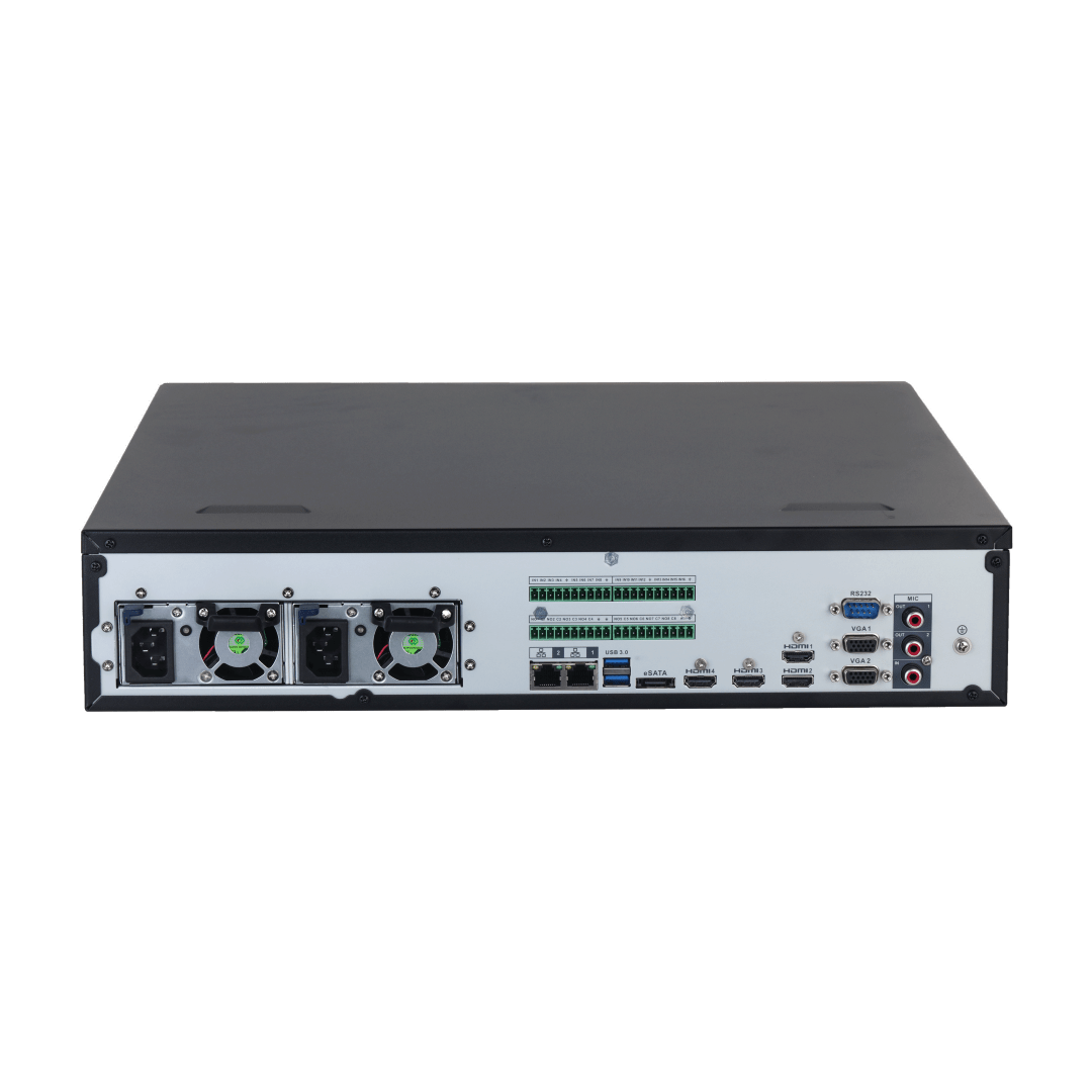 Zwarte Dahua 128-kanaals NVR achterkant met redundante voeding, HDMI, VGA en diverse aansluitpoorten.