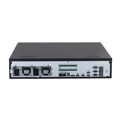 Zwarte Dahua 128-kanaals NVR achterkant met redundante voeding, HDMI, VGA en diverse aansluitpoorten.