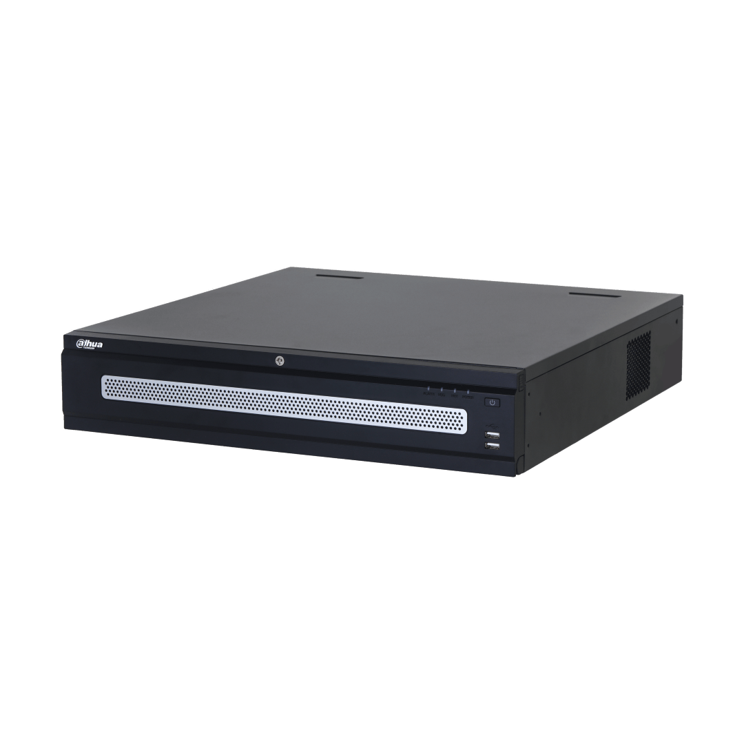 Zwarte Dahua NVR608RH-128-XI enterprise netwerk videorecorder met zilveren ventilatierooster en USB-poorten.