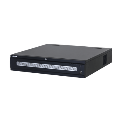 Zwarte Dahua NVR608RH-128-XI enterprise netwerk videorecorder met zilveren ventilatierooster en USB-poorten.