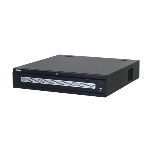Zwarte Dahua NVR608RH-128-XI enterprise netwerk videorecorder met zilveren ventilatierooster en USB-poorten.