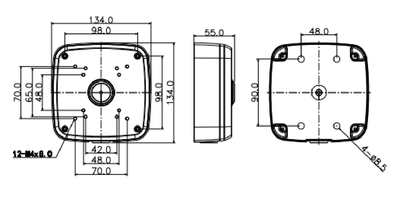 Technische maattekening van de zwarte Dahua PFA121-B aluminium lasdoos (134x134x55mm) voor bullet camera's.