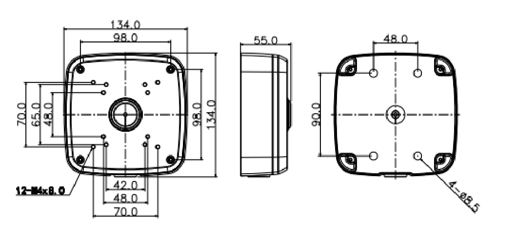 Technische maattekening van de witte Dahua PFA121H aluminium lasdoos met afmetingen 134x134x55mm voor bullet camera's.