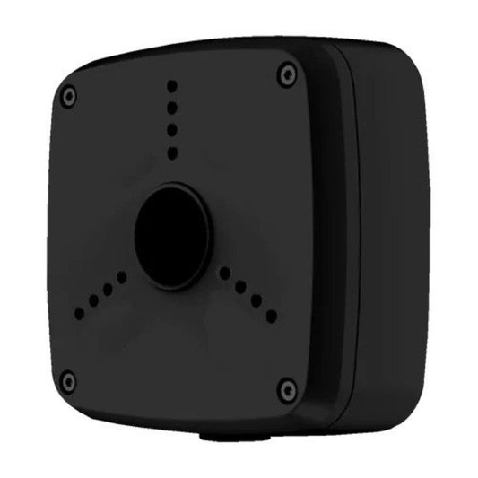 Zwarte aluminium Dahua PFA122-B aansluitdoos voor bullet camera's met IP66 waterdicht design.