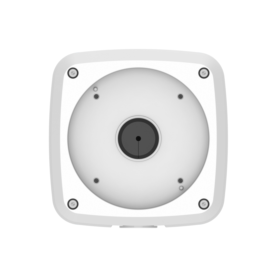 Witte aluminium Dahua PFA124 junction box voor bullet camera's met een strak, vierkant design en centrale kabeldoorvoer.