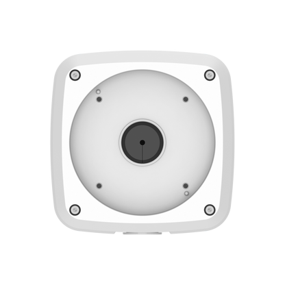 Witte aluminium Dahua PFA124 junction box voor bullet camera's met een strak, vierkant design en centrale kabeldoorvoer.