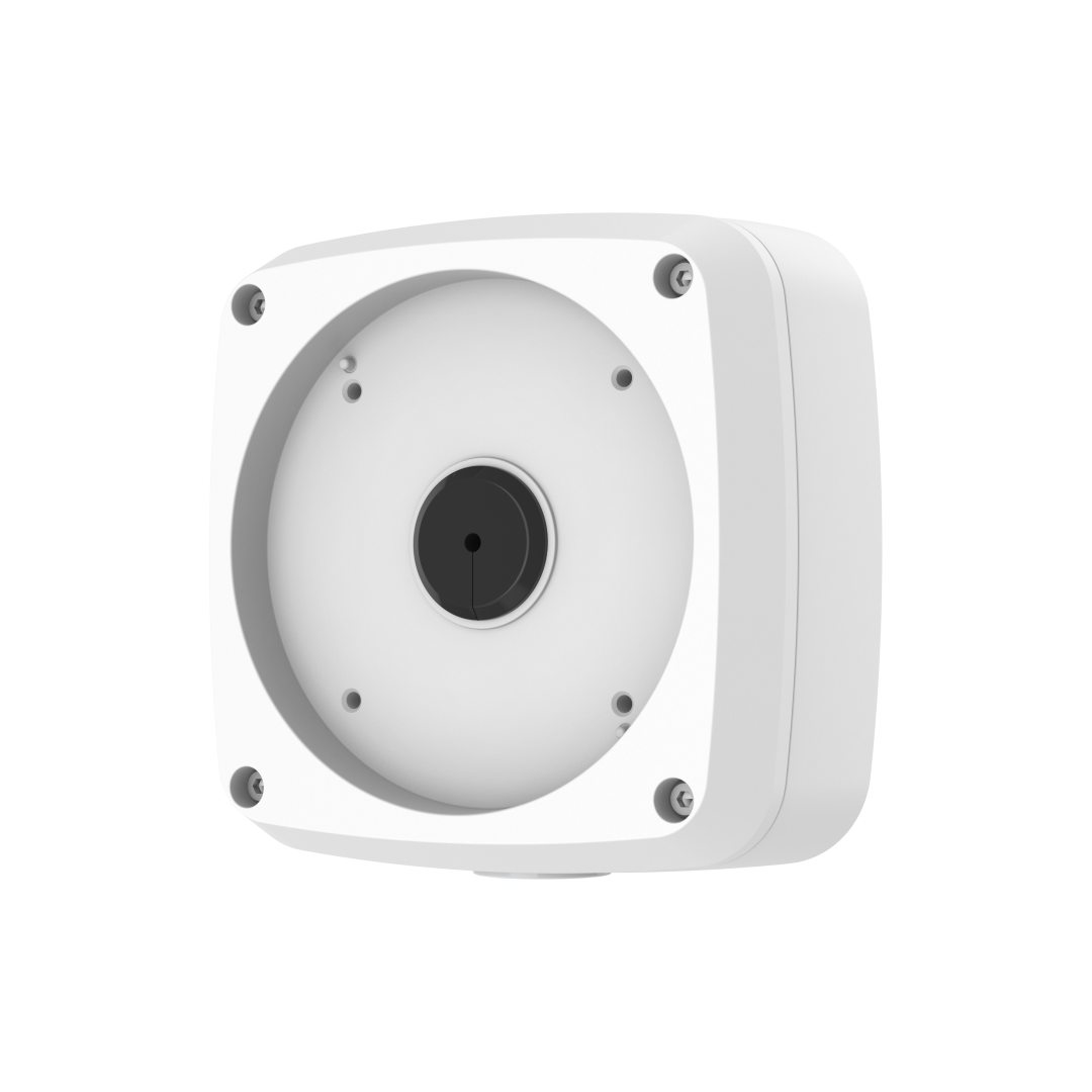 Witte aluminium Dahua PFA124 junction box voor bullet camera's met IP66 waterdichte behuizing en kabeldoorvoer.