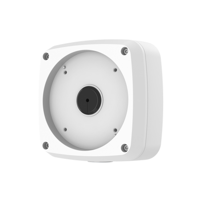 Witte aluminium Dahua PFA124 junction box voor bullet camera's met IP66 waterdichte behuizing en kabeldoorvoer.