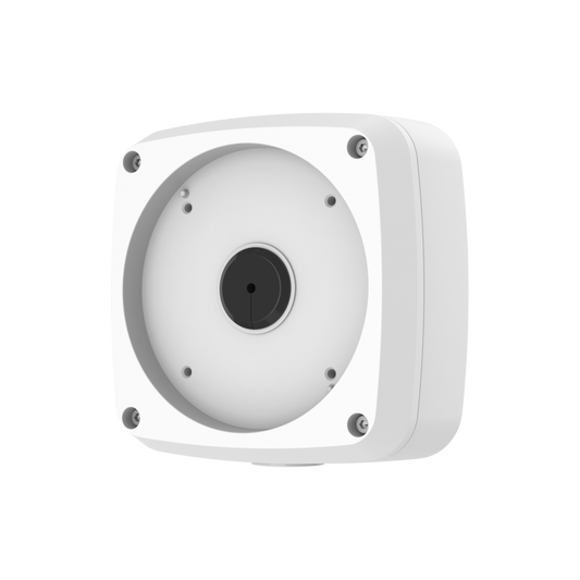 Witte aluminium Dahua PFA124 junction box voor bullet camera's met IP66 waterdichte behuizing en kabeldoorvoer.