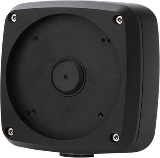 Zwarte Dahua PFA124-B aluminium junction box voor bullet camera's met een strak, vierkant IP66 waterdicht ontwerp.