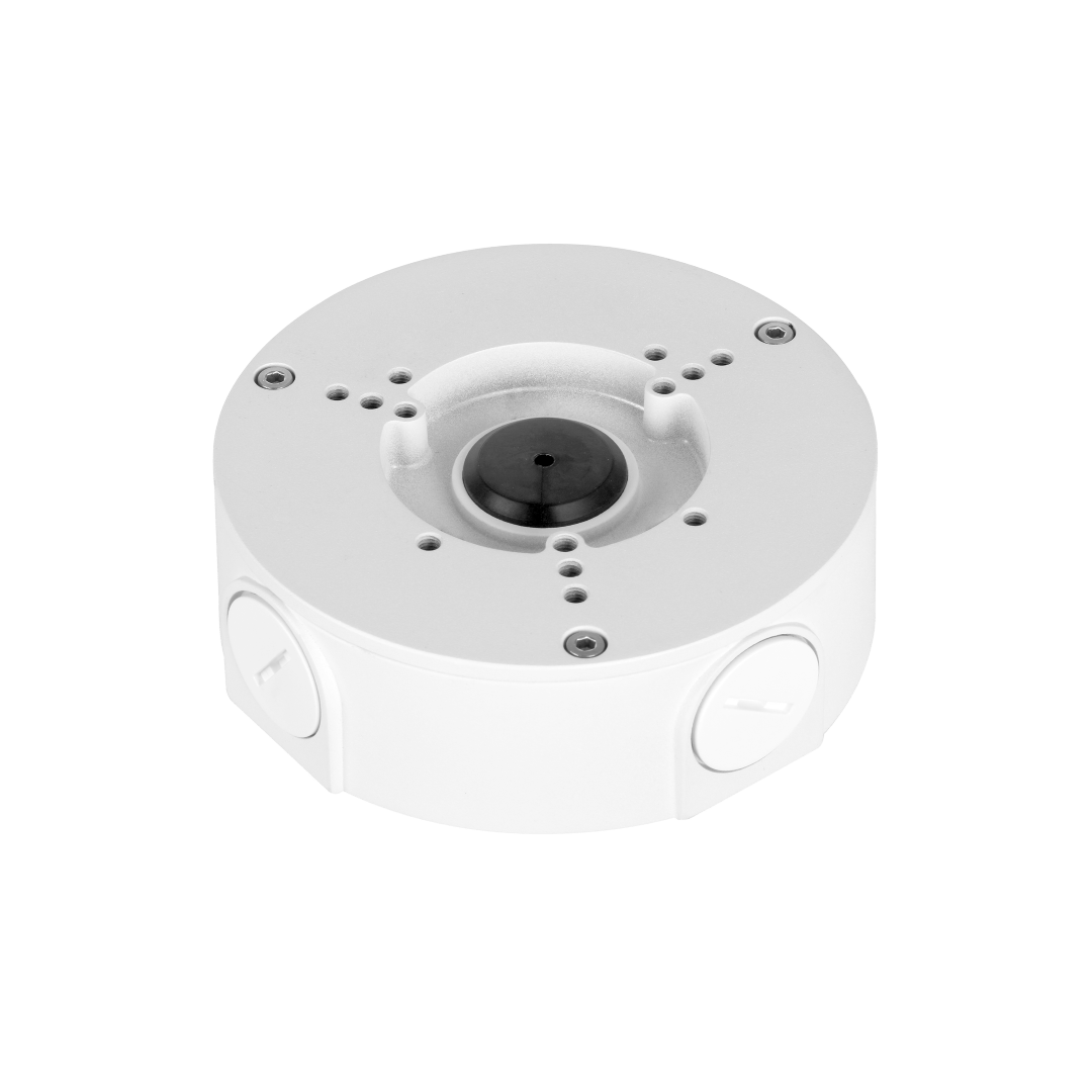 Witte Dahua PFA130-E-V3 aluminium montagebox voor bullet camera's met IP66-bescherming en kabeldoorvoer.