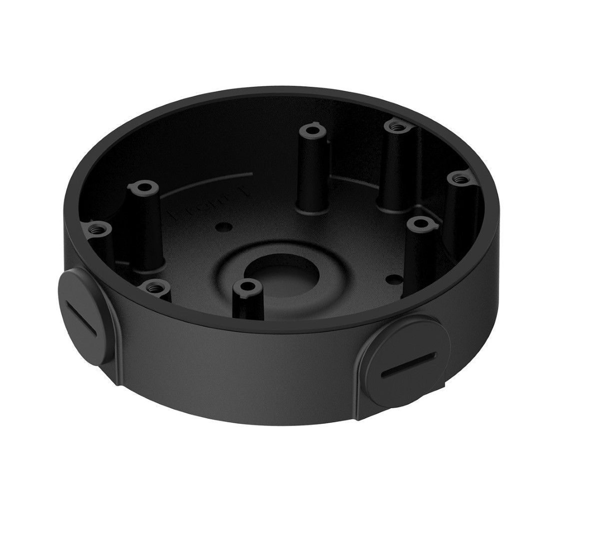 Zwarte, ronde aluminium montagebox voor Dahua dome camera's met kabeldoorvoer, 108mm diameter.