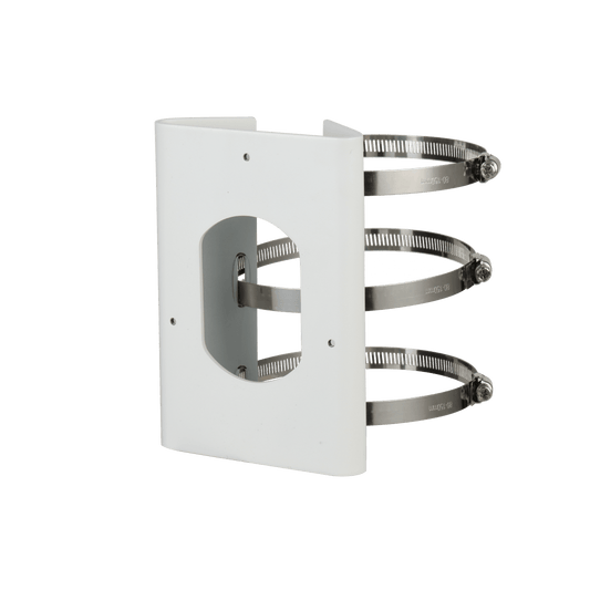 Witte Dahua PFA154H paalmontagebeugel van roestvrij staal met drie verstelbare metalen klembanden.